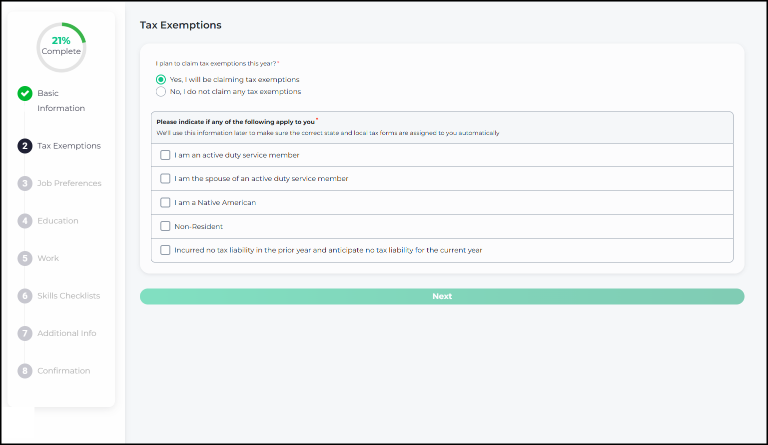 The updated Tax Exemptions page showing the same yes/no question about claiming tax exemptions in a refreshed card-based design, with a stepped onboarding progress indicator on the left.